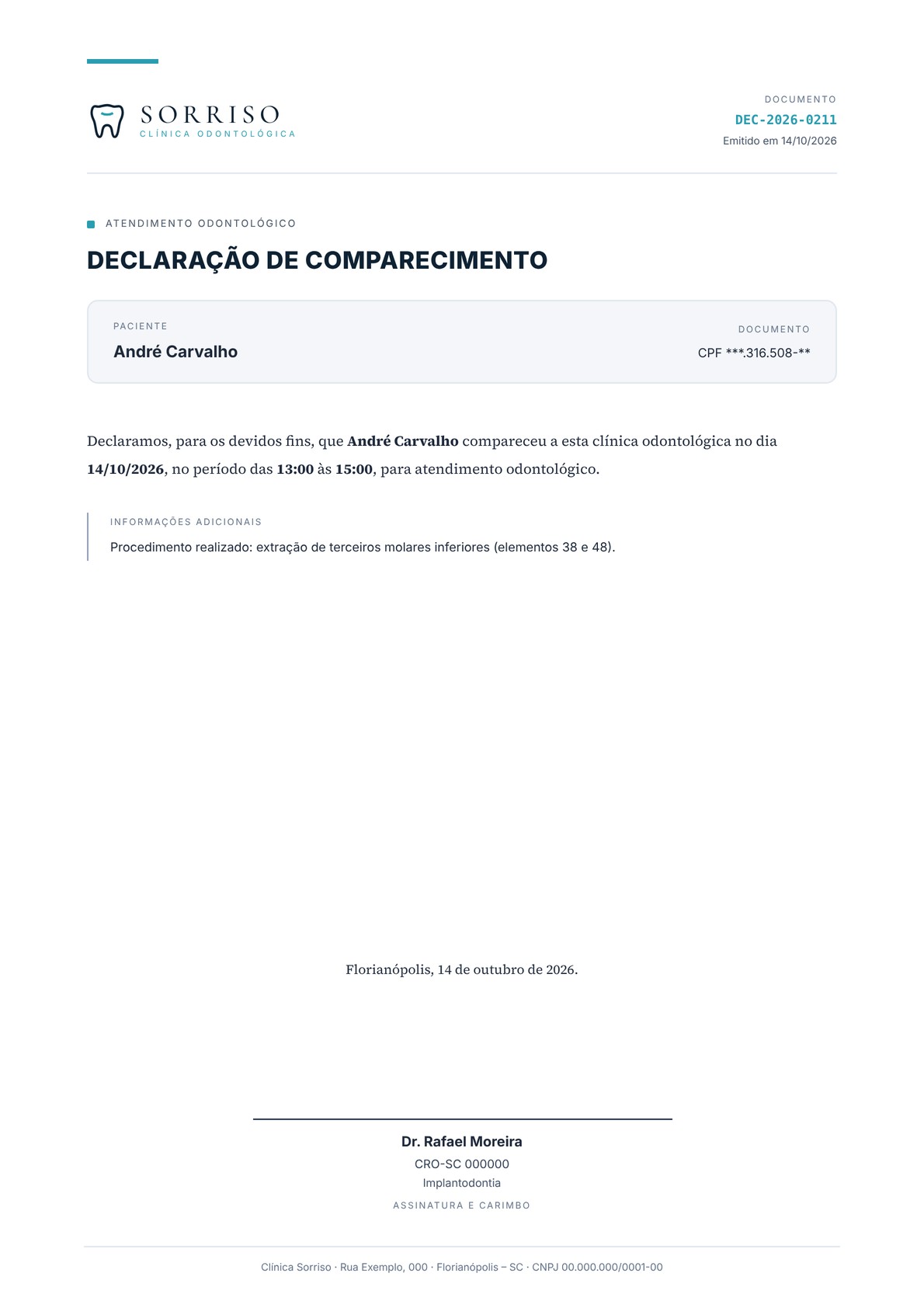 Declaração de comparecimento gerada pelo CRM com a identidade da clínica